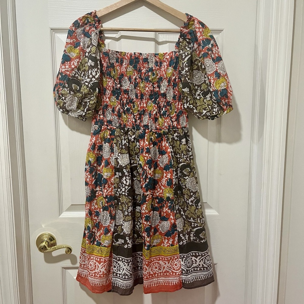 Velve by Graham & Spencer Peasant Dress XS India Floral Puff Sleeve Smocked Boho - Picture 5 of 6